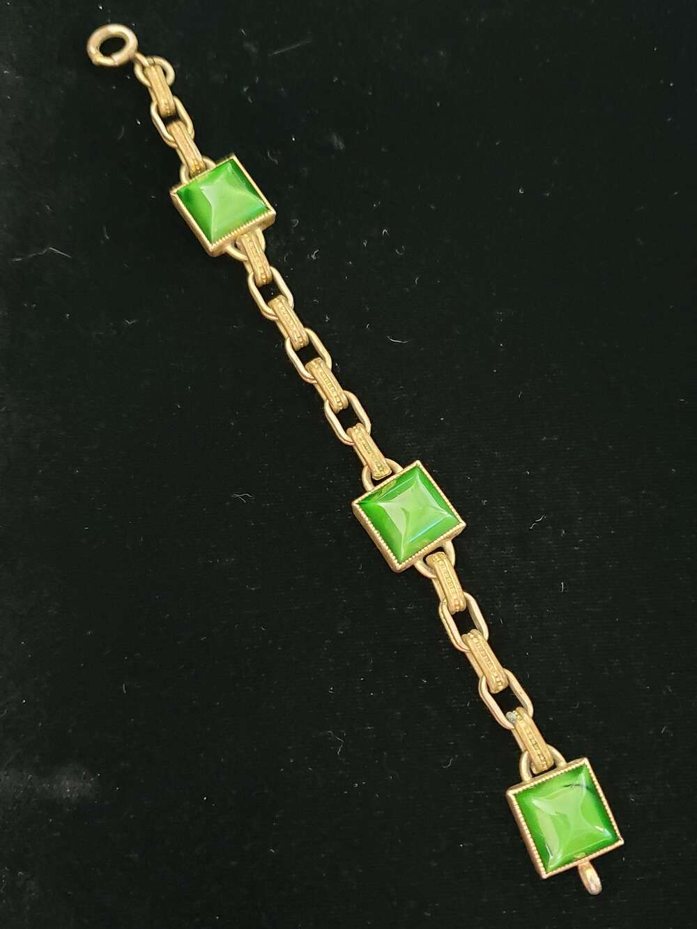 1930s Art Deco Bracelet Brass Green Pyramid Glass Moonglow Glass